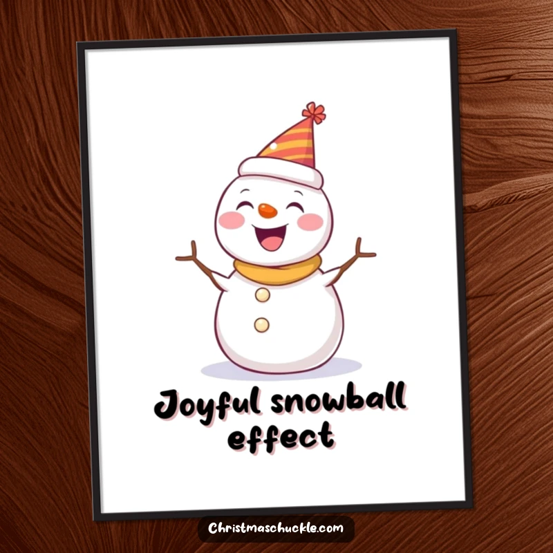 Funny poster of a joyful snowman wearing a tiny party hat, spinning with enthusiasm, perfect for adding festive cheer to walls.