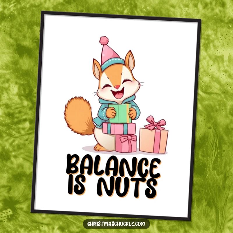 Funny poster art of a giggling squirrel in a clown suit, humorously balancing a stack of presents, ideal for cheerful decor.