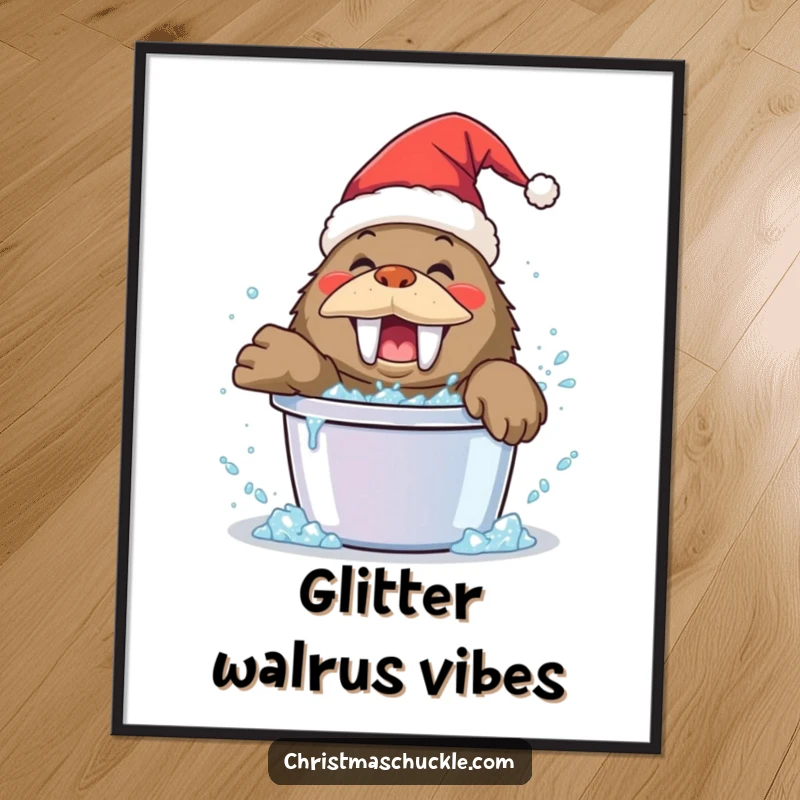 Funny walrus clown poster, wearing a Santa hat, playfully splashing in a bucket of glitter, vibrant and comical holiday art.