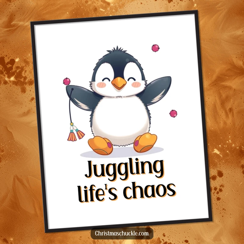 Funny poster print of a fluffy penguin in a clown nose and oversized shoes, juggling colorful scarves, creating a whimsical circus scene.