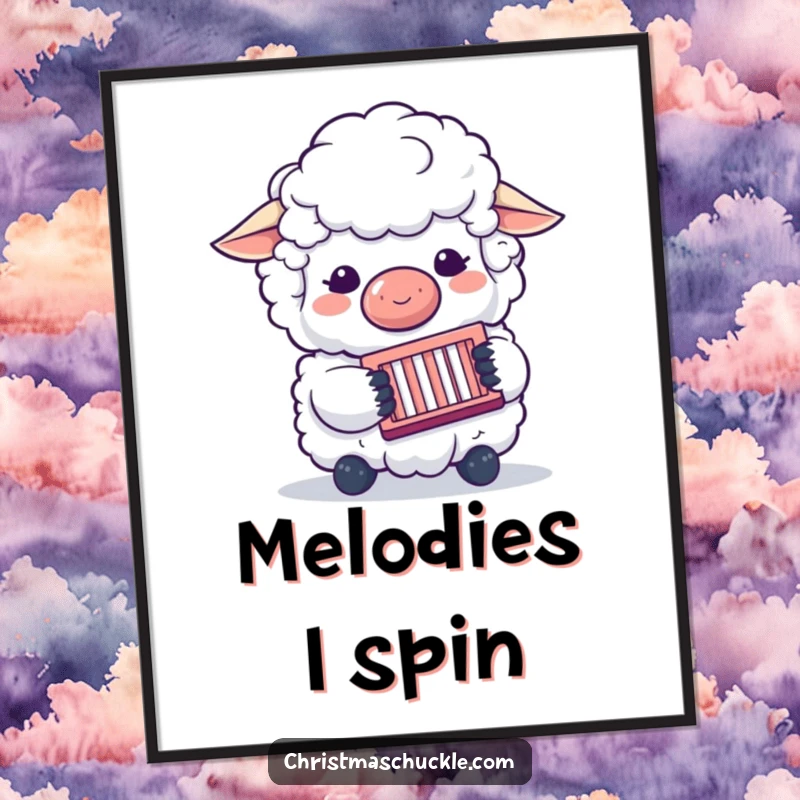 Funny poster art of a sheep clown playing a concertina, ideal for wall decor, conveying musical cheer and adding whimsical humor.