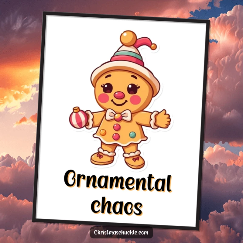 Funny round gingerbread man dressed as a clown, juggling Christmas ornaments, captured in a festive poster.