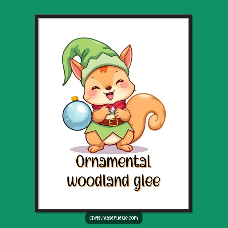 Funny Kawaii Elf Squirrel Poster: Cute Christmas Character Holding Ornament, Festive Funny Gift