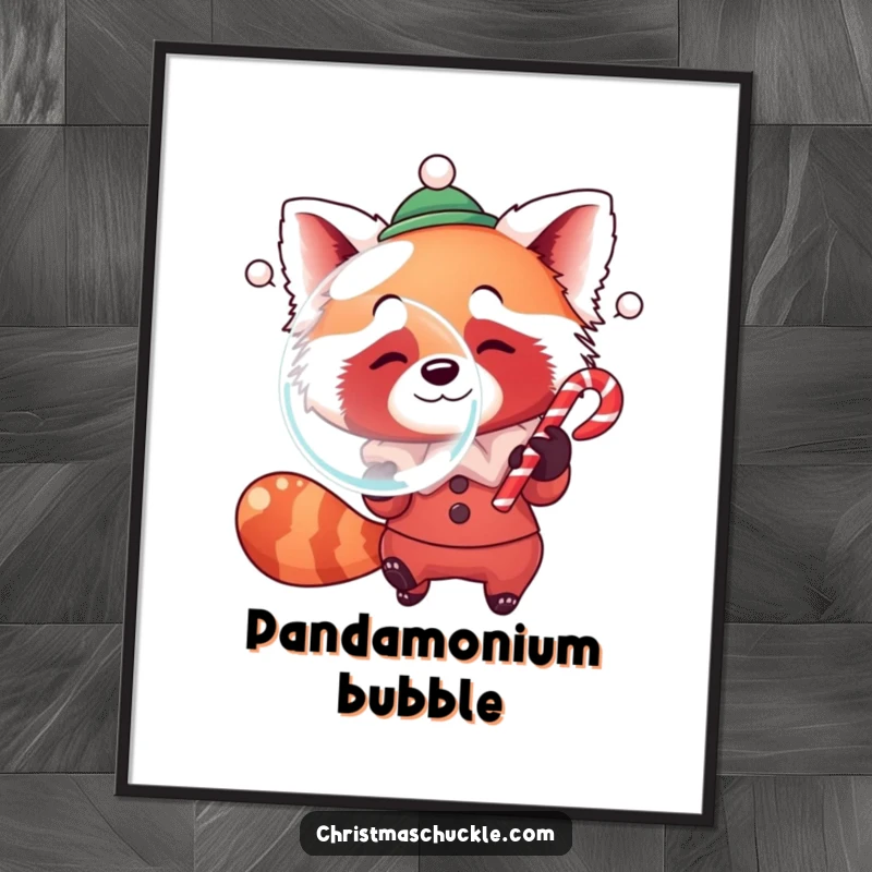 Funny poster art of a red panda dressed as a clown, humorously blowing a giant bubble with a candy cane, exuding playful mischief.
