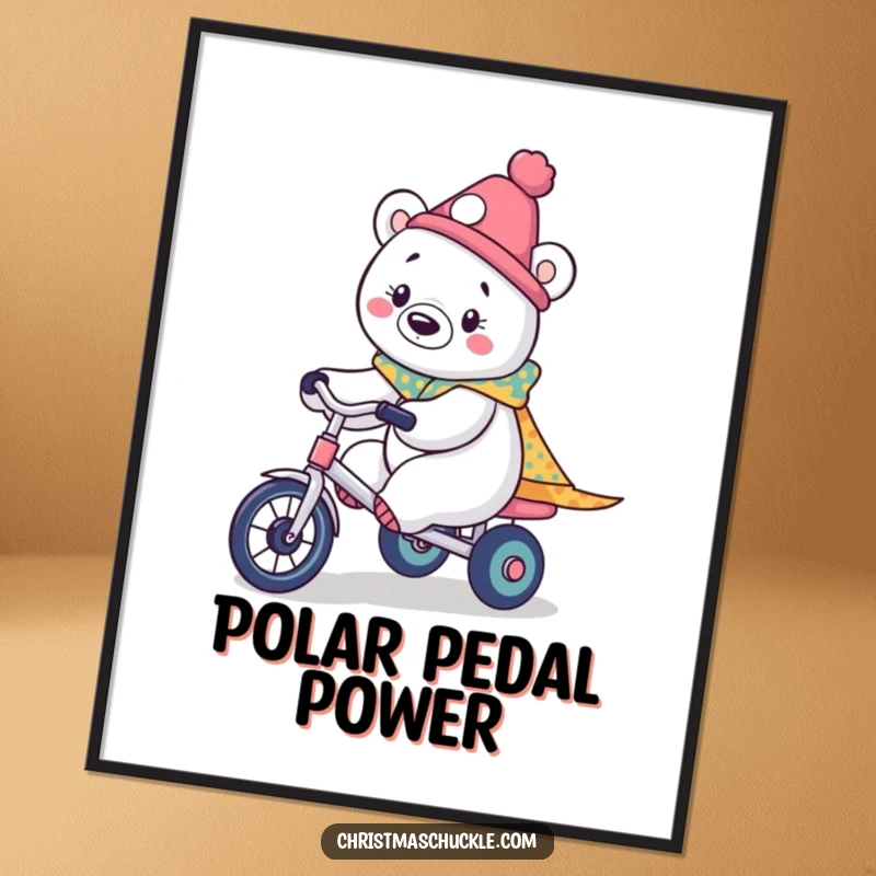 Funny poster showcasing a kawaii polar bear in clown costume, riding a tiny tricycle with a joyful, innocent expression, perfect for kids' rooms.