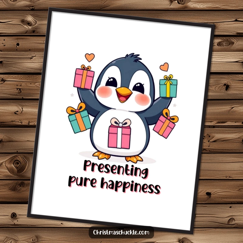 Funny penguin juggling poster, a happy bird showcasing its flipper skills with presents, bringing vibrant holiday cheer to walls.