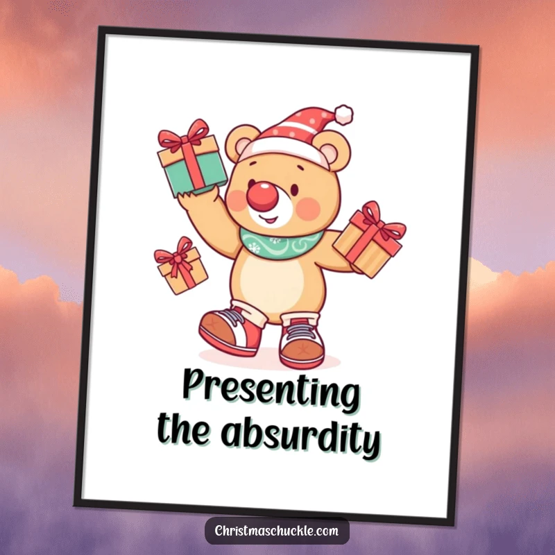 Funny bear dressed as a clown, juggling presents, depicted in a vibrant digital art poster for humorous wall decoration.