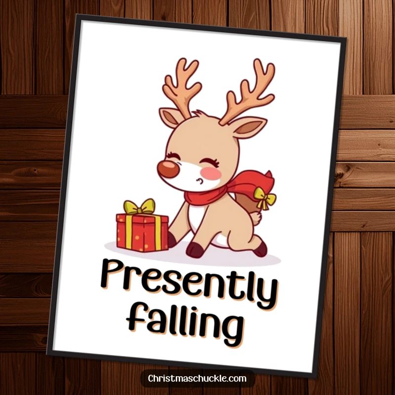Funny blushing reindeer comically tripping while delivering a present, captured in a humorous holiday poster.