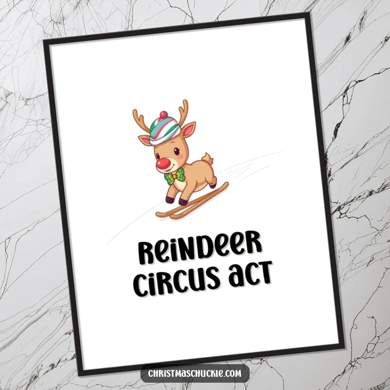 Funny reindeer clown wearing a wig and bow tie slides down a snowy hill, vibrant and humorous wall art.