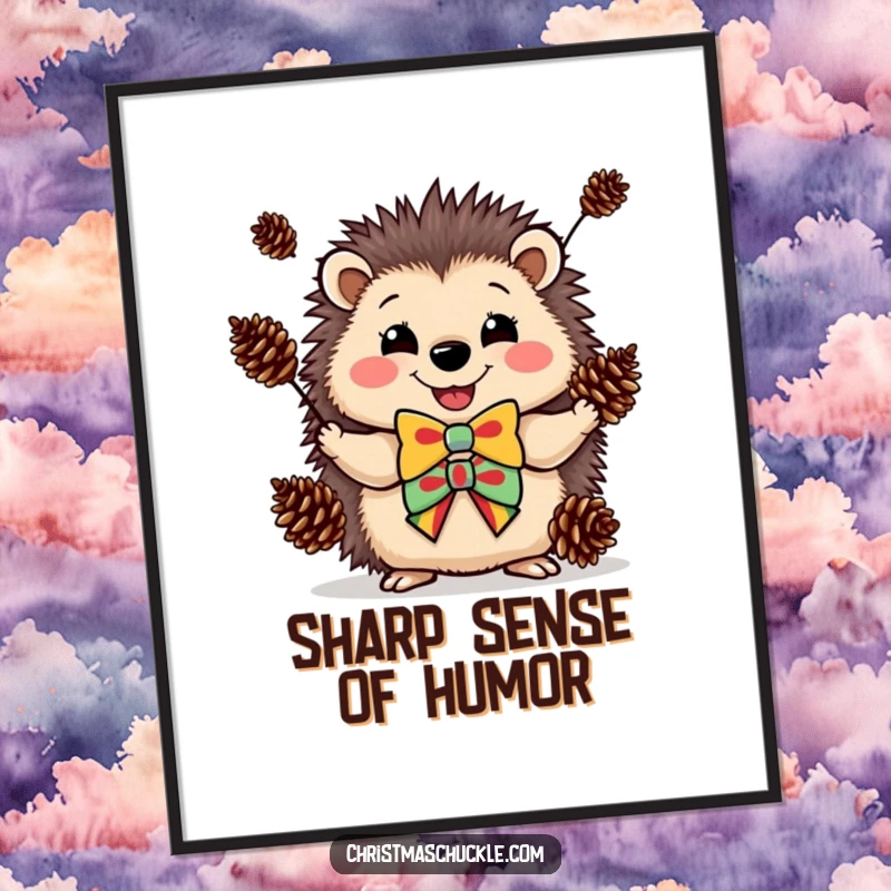 Funny poster print of a happy hedgehog in a clown bowtie, masterfully juggling pinecones, adding whimsy.