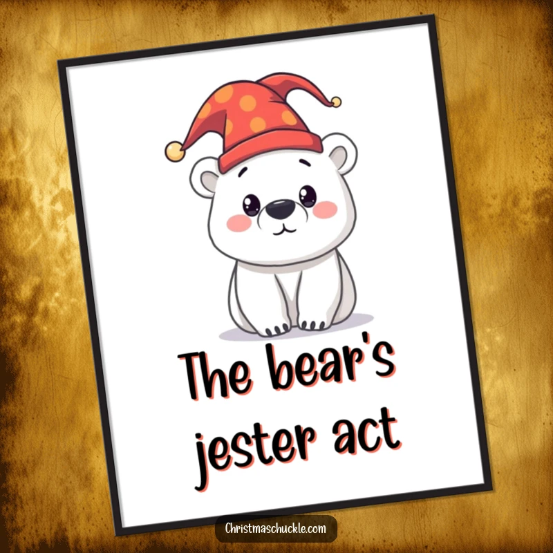 Funny curious polar bear wearing a festive jester hat, presented as a high-quality poster for wall decor, evoking whimsy and humor.
