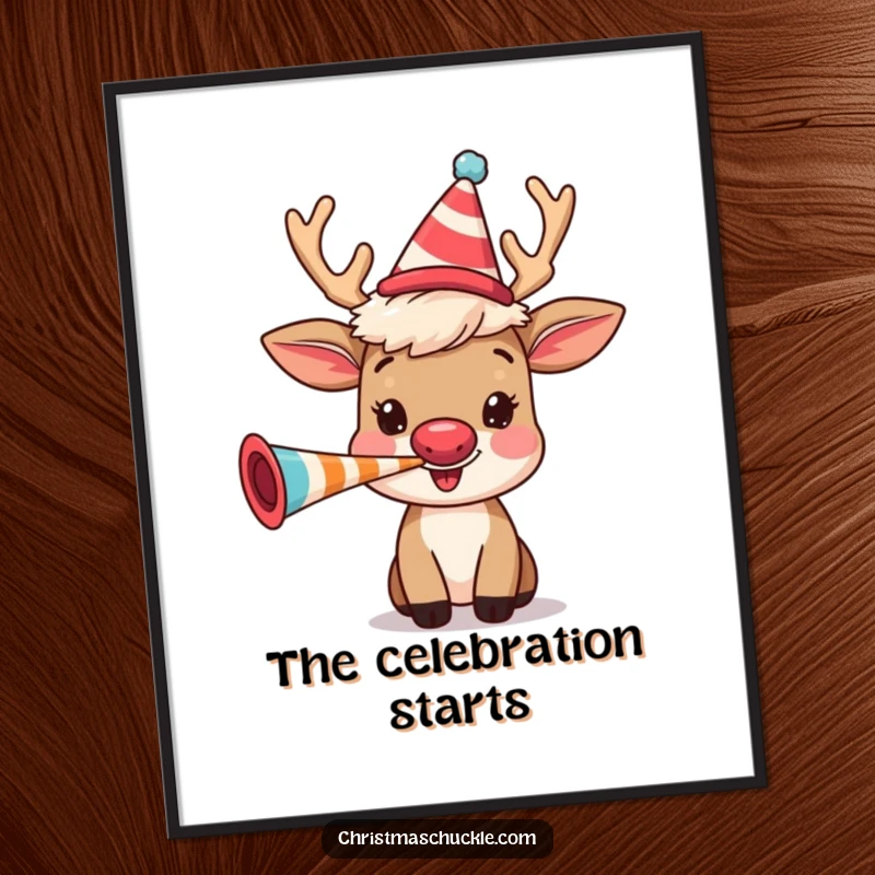 Funny reindeer with a tiny clown wig, blowing a party horn, depicted in a vibrant digital art poster for humorous decoration.