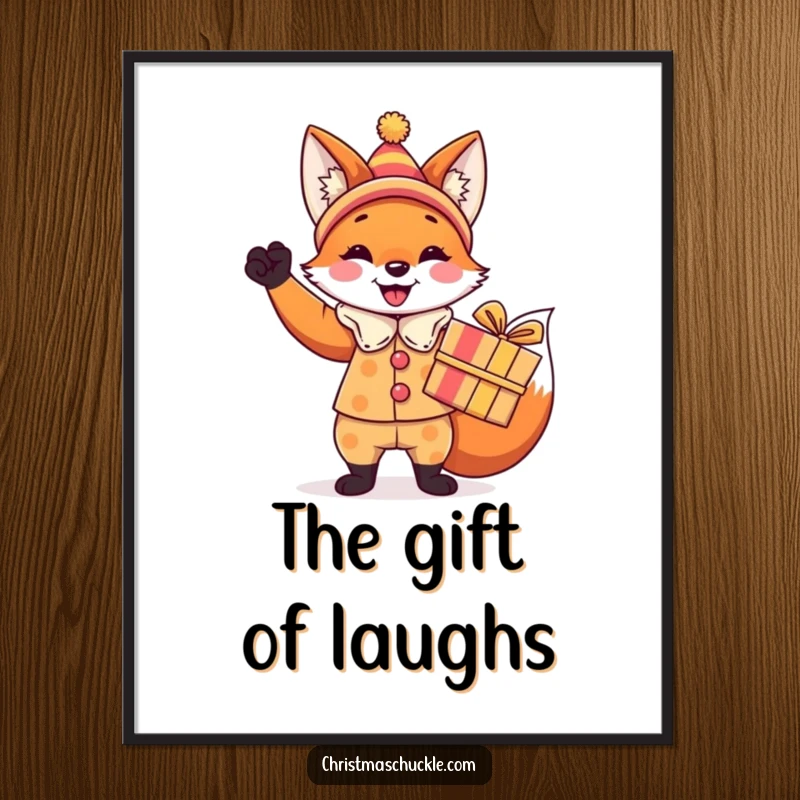 Funny fox poster, a festive fox in a clown costume triumphantly holding a brightly wrapped gift, humorous wall art.