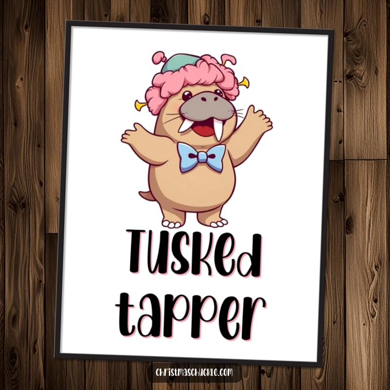 Funny poster art of a cheerful walrus in clown attire, wearing a wig and bowtie, performing a wacky, silly dance with enthusiasm.