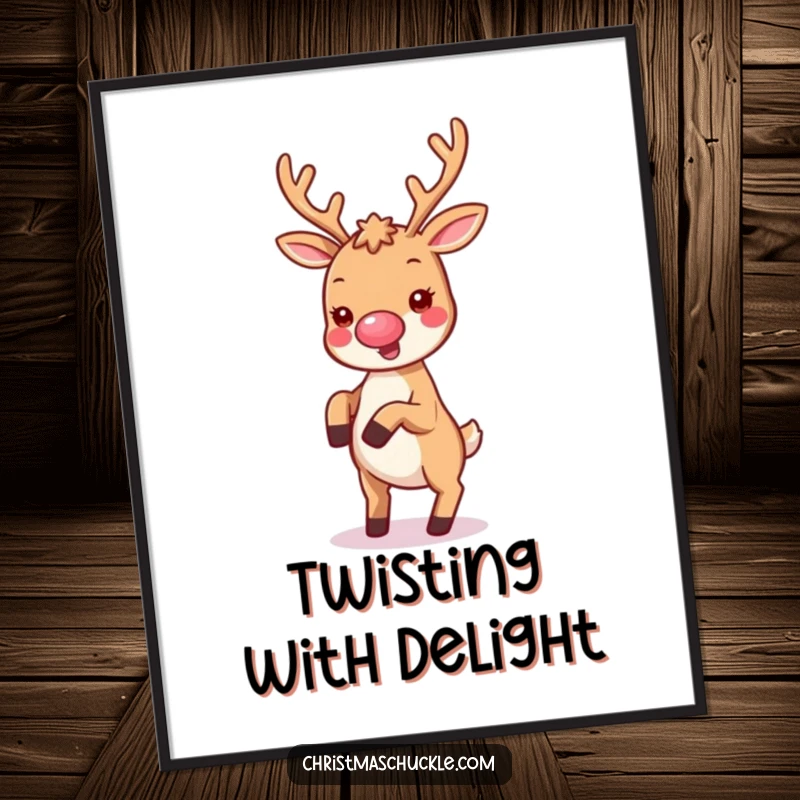 Funny poster featuring a kawaii reindeer with a tiny clown nose, joyfully performing a cartwheel with vibrant holiday energy.