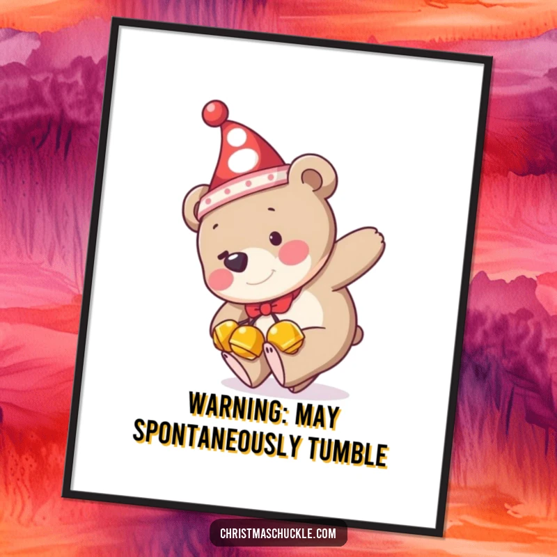 Funny poster art of a bear wearing jingle bells and a clown hat, hilariously tripping over its feet, bringing a touch of clumsy joy.