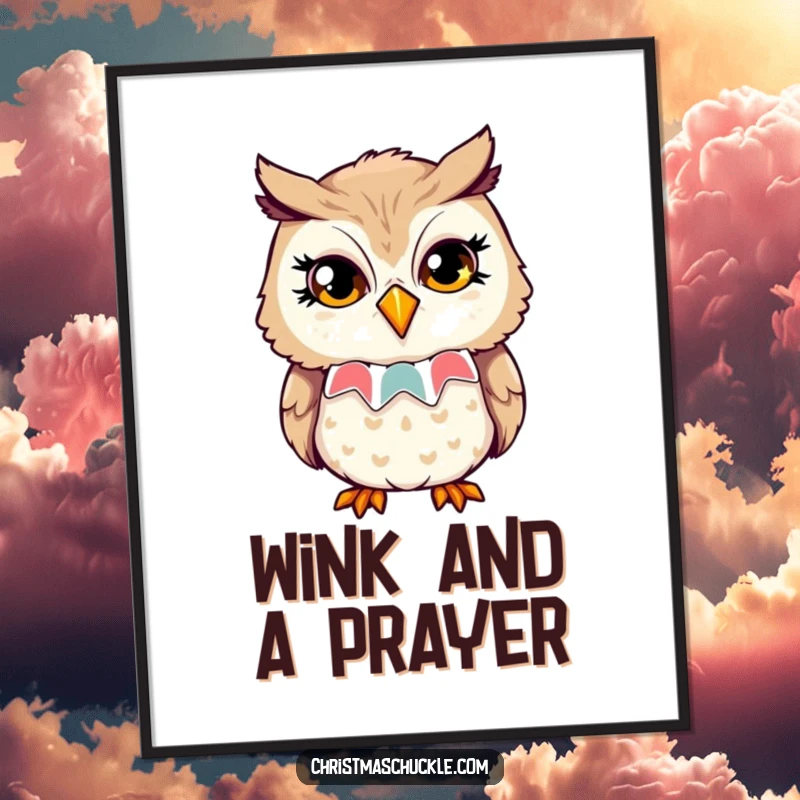 Funny poster art of an owl in a clown collar, attempting a playful wink with sparkling eyes, adding a touch of humor.