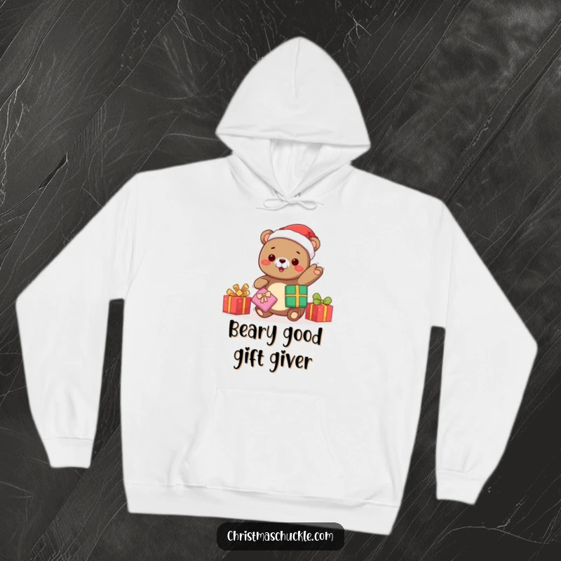 Funny kawaii bear in Santa hat juggling presents energetically, a warm hoodie perfect for Christmas and spreading festive humor.