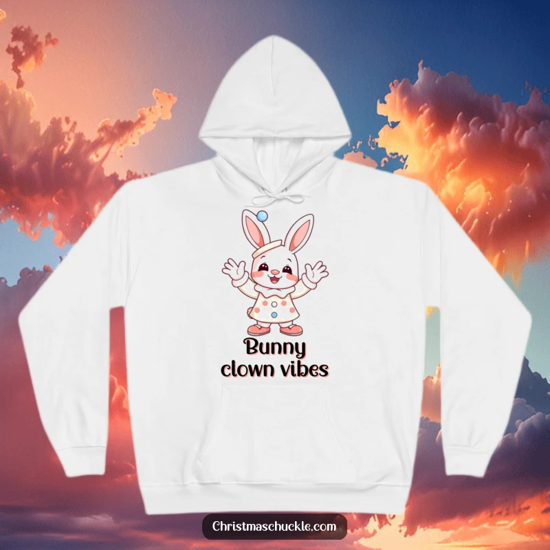 Funny hoodie featuring a joyful bunny dressed as a clown, enthusiastically waving, offering comfort and a dose of comedic cheer.