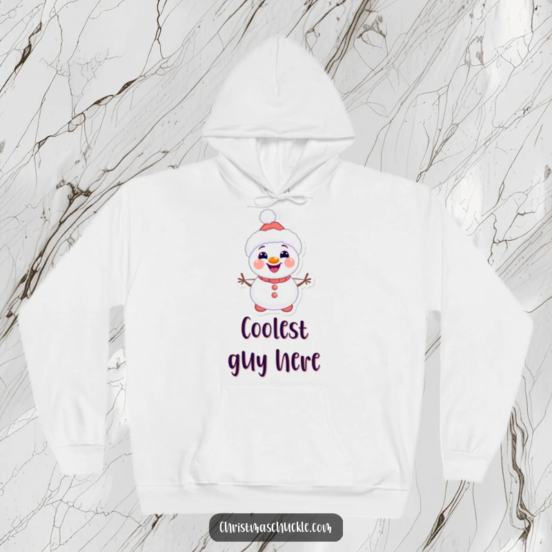 Funny kawaii snowman clown hoodie, warm and cute, smiling with carrot buttons, perfect for winter comfort, a humorous gift.