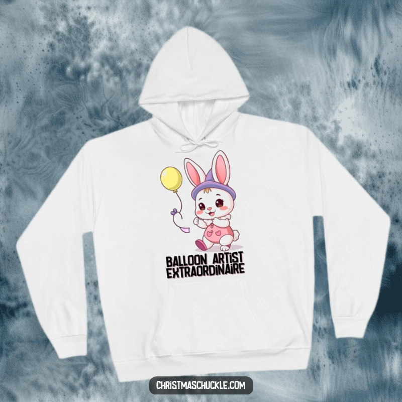 Funny hoodie with a cute bunny clown character creating a fun balloon animal, designed for ultimate comfort.