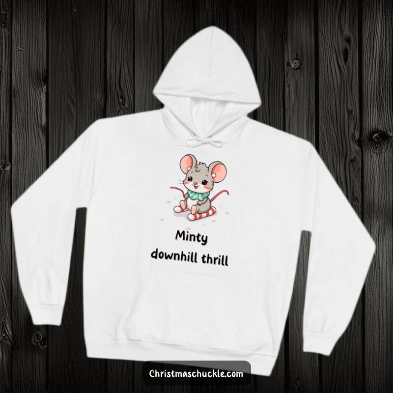 Funny hoodie featuring a cheerful mouse in a clown collar sliding down a delicious candy cane slope.