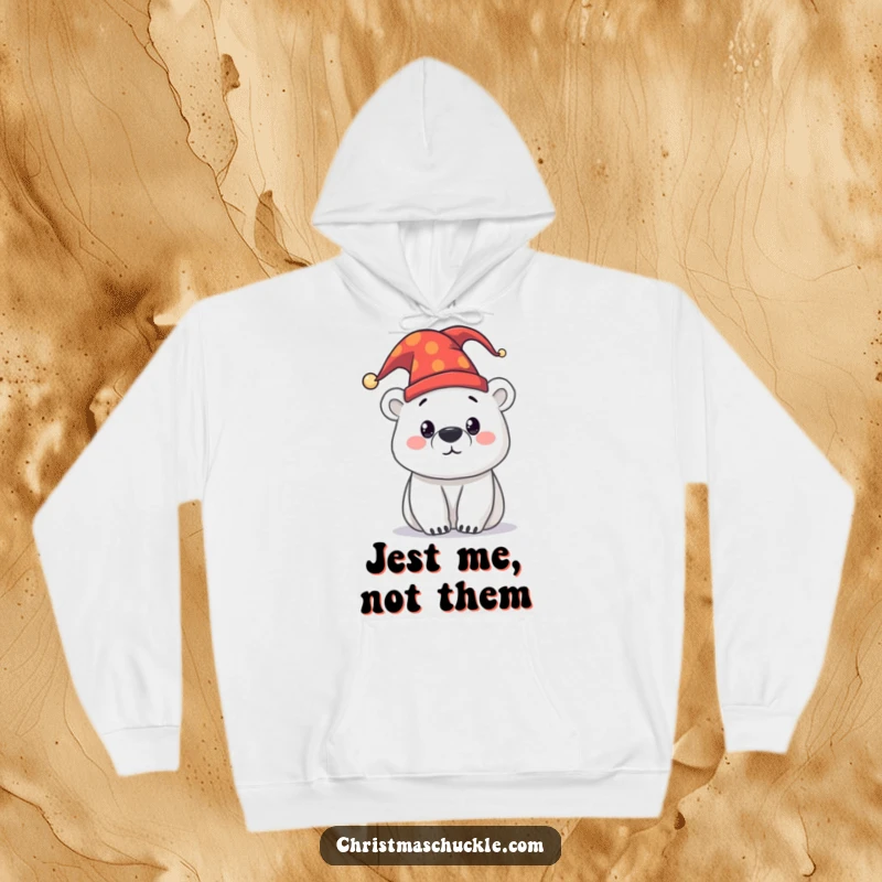 Funny curious polar bear character wearing a jester hat, printed on a cozy hoodie, offering warmth and a touch of arctic humor.