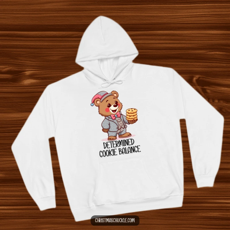 Funny bear clown hoodie, wearing a sparkly suit, determinedly balancing a stack of festive cookies, warm and comfy apparel.