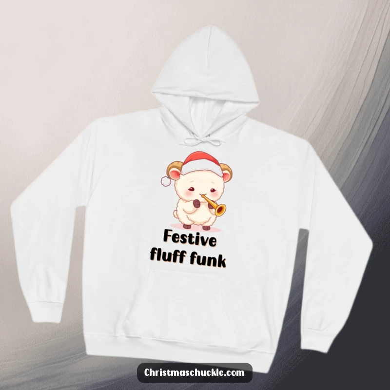 Funny sheep in Santa hat playing a tiny trumpet on a warm hoodie, perfect for cozy holiday humor and Christmas gifts.