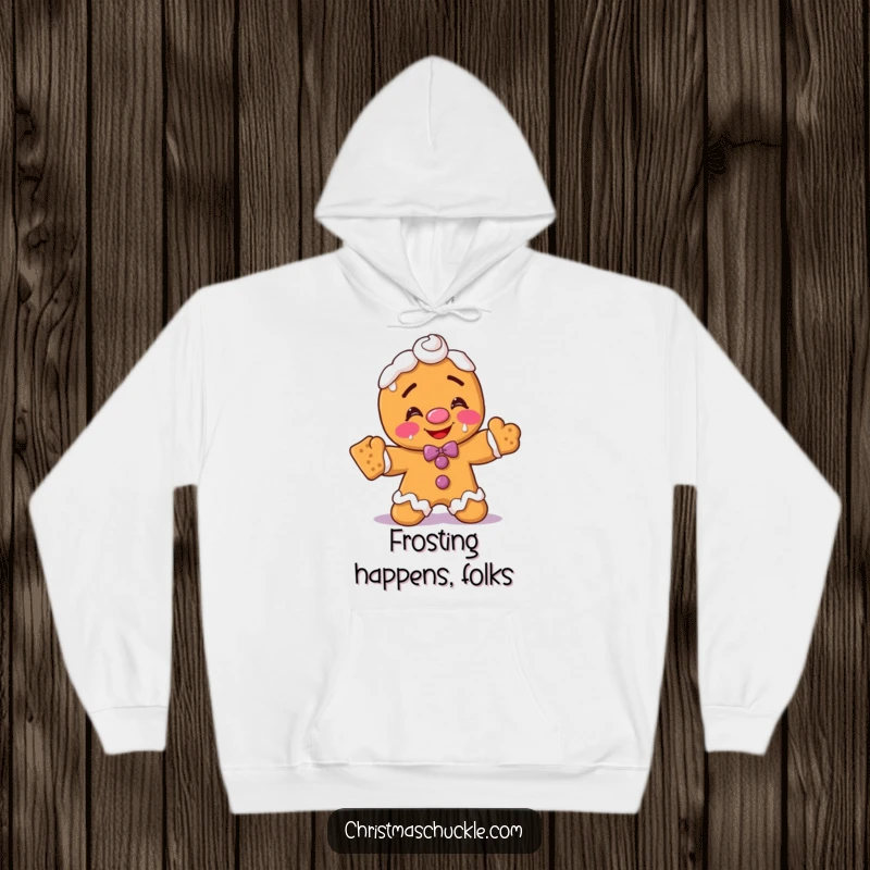 Funny gingerbread man clown hoodie, blushing with frosting on face, struggling to balance crackers, warm and comical apparel.