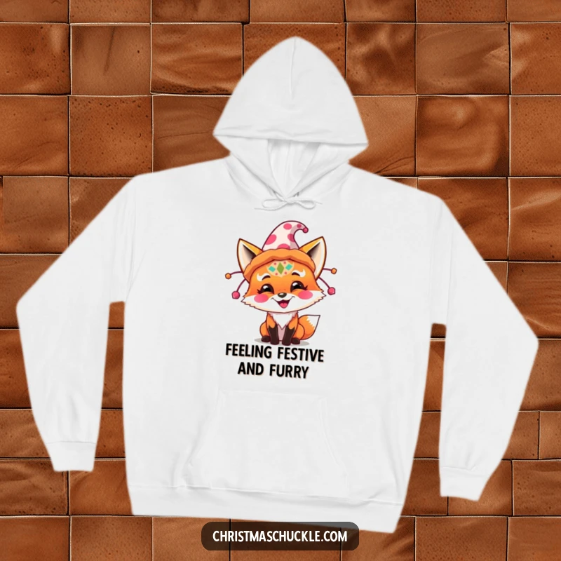 Funny fox wearing clown makeup, trying to fit into a massive, brightly colored festive hat, warm hoodie.