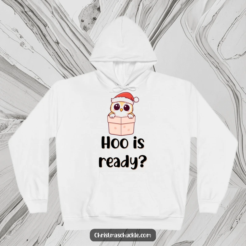 Funny Kawaii Owl Santa Hoodie, showing a cute owl peeking from a gift box, perfect for staying warm and festive.