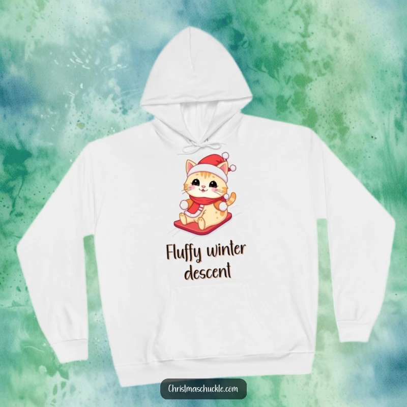 Funny Kawaii Santa Cat Hoodie: A cute cat dressed as Santa, happily sliding down a snowy hill, perfect for cold weather.