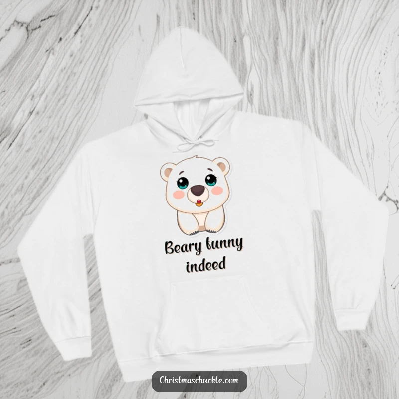 Funny polar bear clown nose hoodie, a startled bear adorned with a small clown nose, offering cozy warmth and humor.