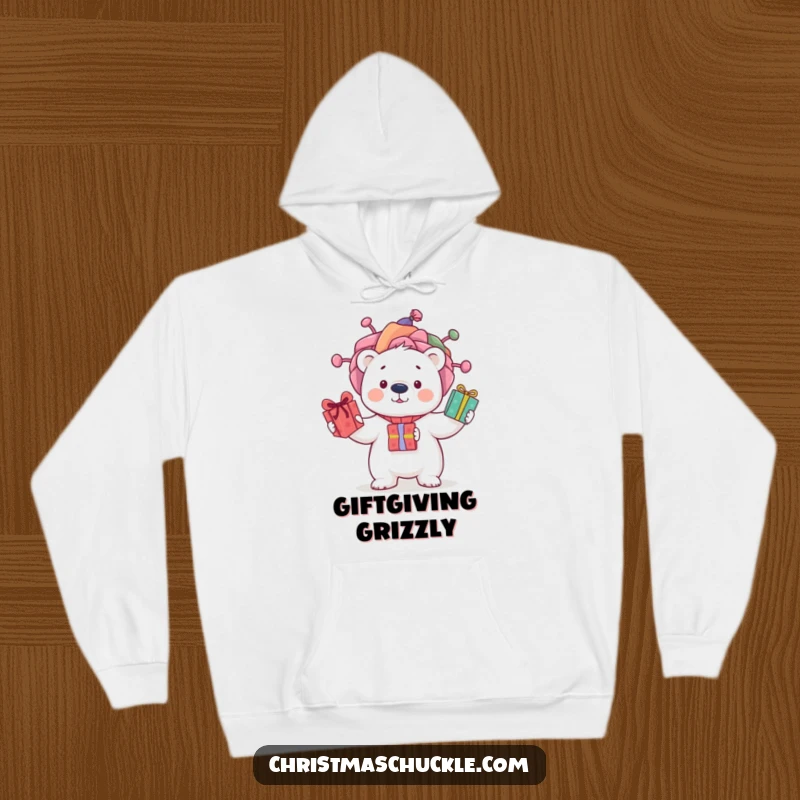 Funny hoodie with a curious polar bear sporting a silly clown wig, juggling three gifts with a playful and comical demeanor.