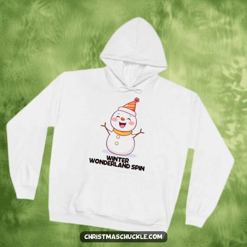 Funny hoodie with a happy snowman sporting a tiny party hat, spinning gleefully, providing cozy warmth and winter cheer.