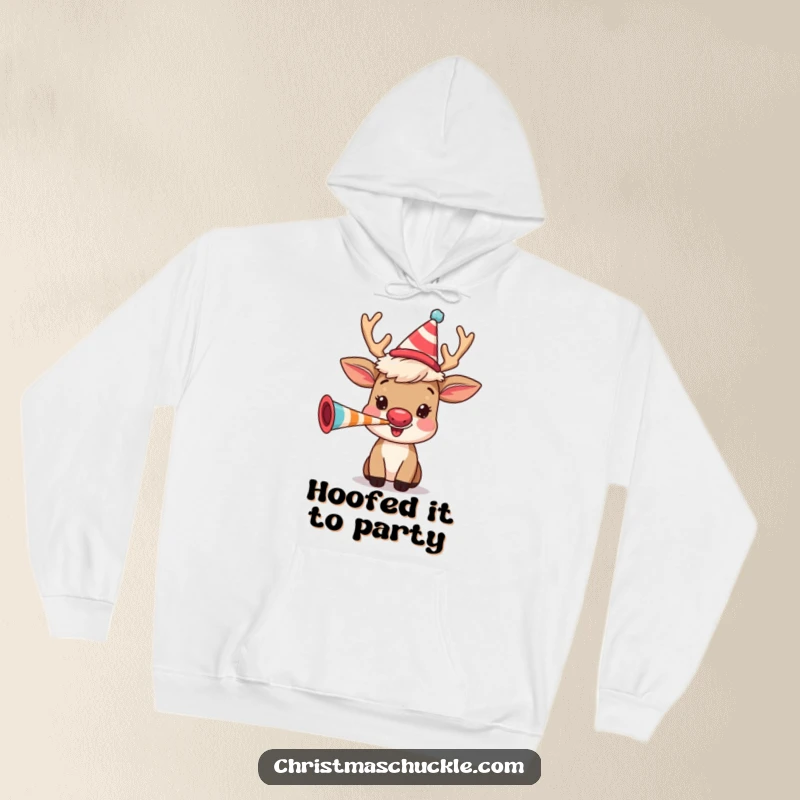 Funny happy reindeer wearing a clown wig and blowing a party horn, featured on a soft and warm hoodie for ultimate coziness.