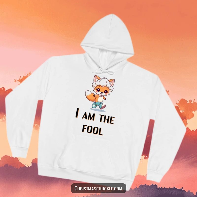 Funny hoodie showcasing a cute fox character hopping joyfully, adorned with a tiny clown wig and oversized boots, embodying playful abandon.