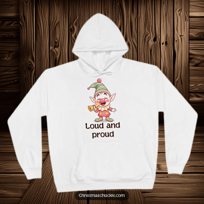 Funny giggling elf clown wearing a squeaky nose, enthusiastically blowing a party horn, a warm and humorous hoodie.