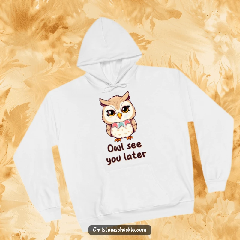 Funny hoodie graphic of an owl wearing a clown collar, giving a playful wink with sparkling eyes, designed for cozy wit.
