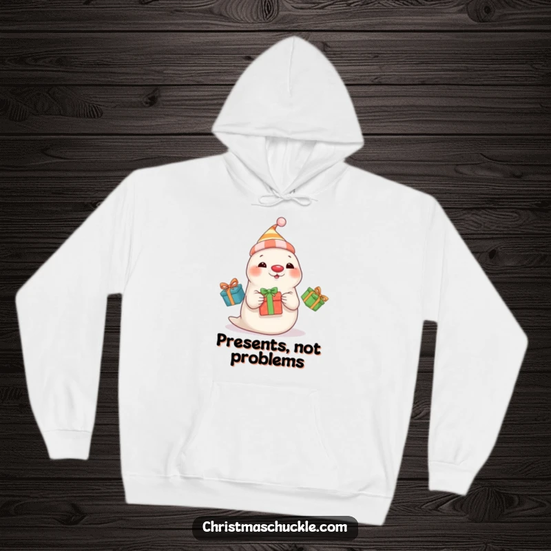 Funny seal clown in a hat and red nose juggles three presents, a cozy and humorous hoodie.