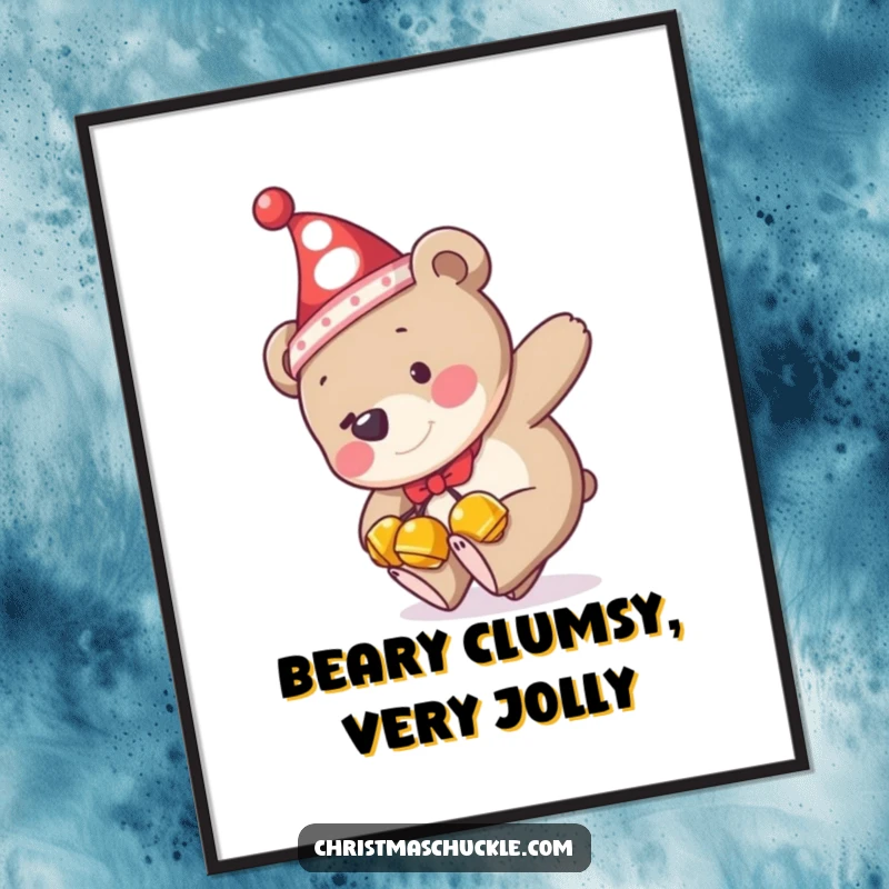 Funny Free Printable Wall Art: A bear wearing clown and bell accessories trips endearingly.