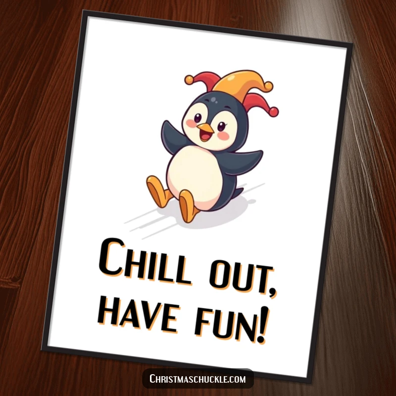 Funny free printable wall art of a cheerful penguin wearing a clown nose sliding down a festive hill, perfect for whimsical decor.