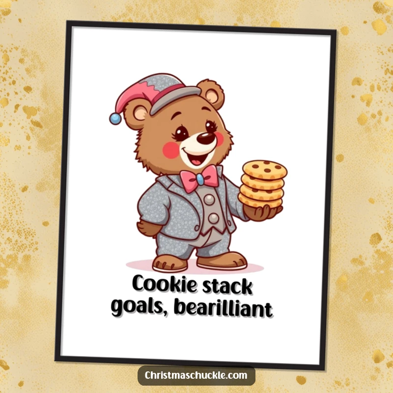 Funny Free Printable Wall Art: A determined bear clown in a sparkly suit skillfully balances a stack of festive cookies.