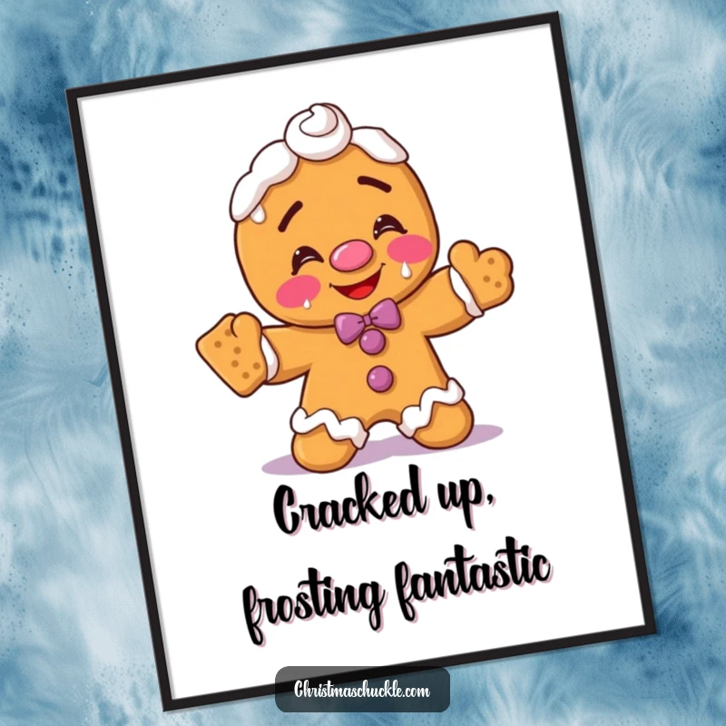 Funny Free Printable Wall Art: A blushing gingerbread clown with frosting smeared across its face tries balancing crackers.