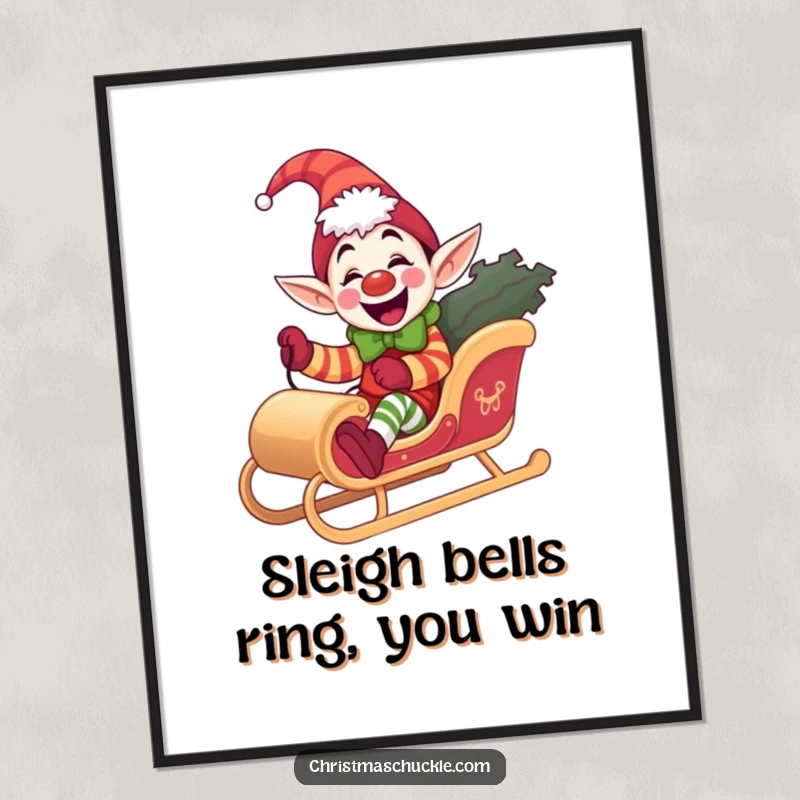 Funny Free Printable Elf Clown Wall Art: A giddy elf clown riding a tiny sleigh through the air. Whimsical, downloadable decor.