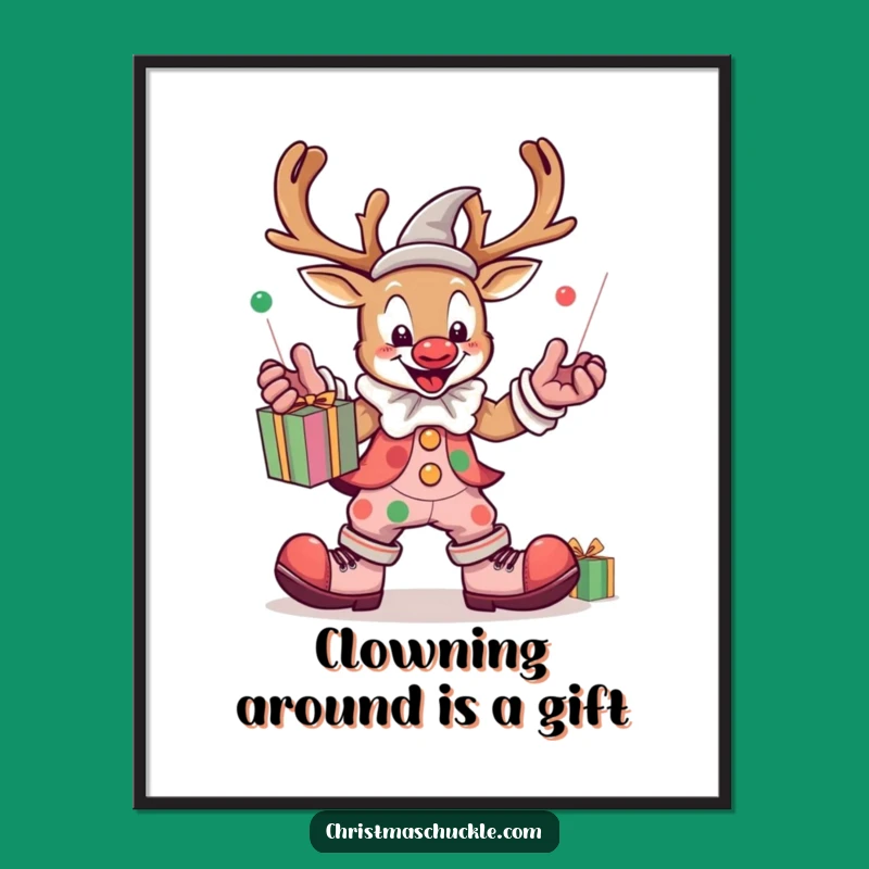 Free Printable Kawaii Reindeer Clown Wall Art - Funny Juggling Downloadable Decor