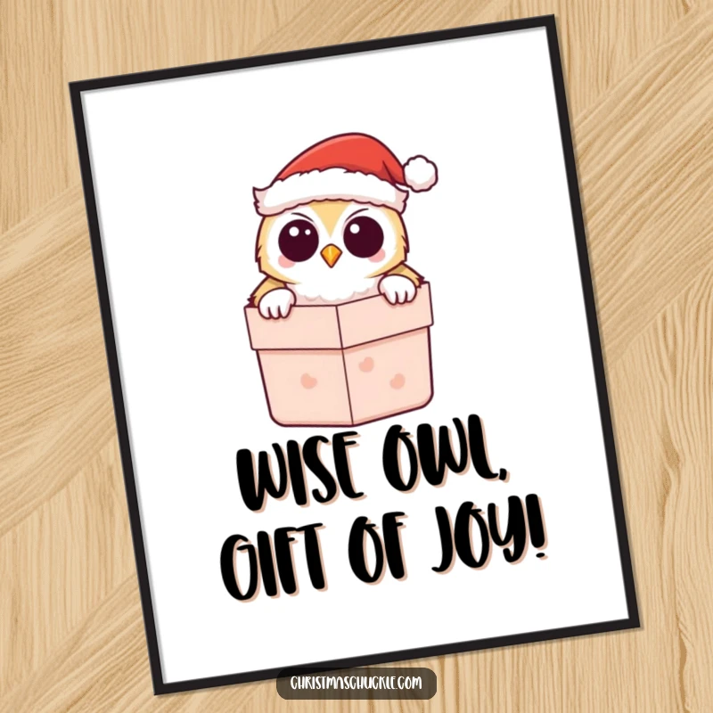 Funny Free Printable Wall Art: A kawaii owl in a Santa hat peeks from a gift box, bringing festive cheer and cuteness to your room.