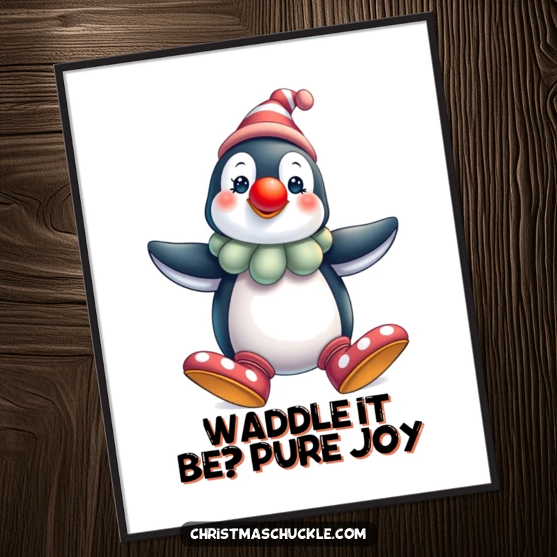 Funny Free Printable Penguin Clown Wall Art: A festive penguin clown with a red nose and oversized shoes, posing humorously. Hilarious downloadable decor.