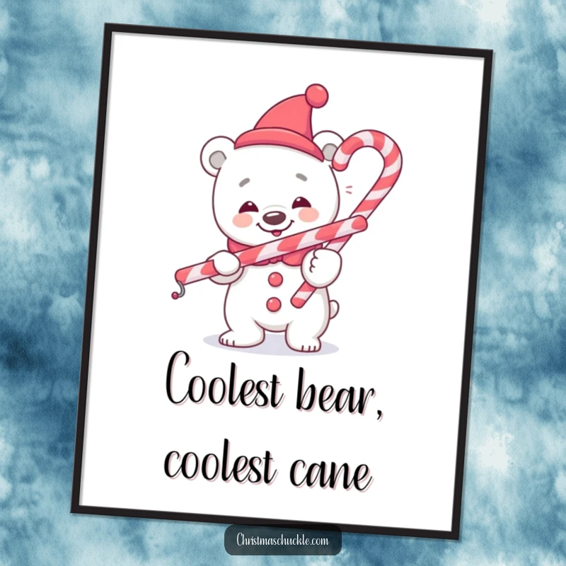 Funny Free Printable Polar Bear Clown Wall Art: A happy polar bear clown attempting to balance a candy cane. Whimsical, humorous decor.